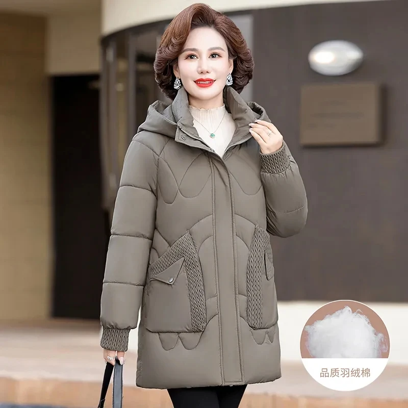 Womens Down Cotton Coat 2024 Winter Cotton-padded Parkas Female Warm Hooded Puffer Parkas Mother Clothing Cotton Overcoat Coats