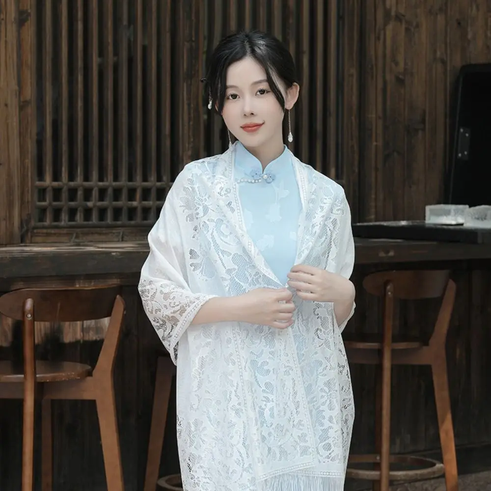 

Vintage Elegant Women's Shawls Hollow Embroidery Tassel Scarf Thin Floral Fringes Wraps Spring Summer