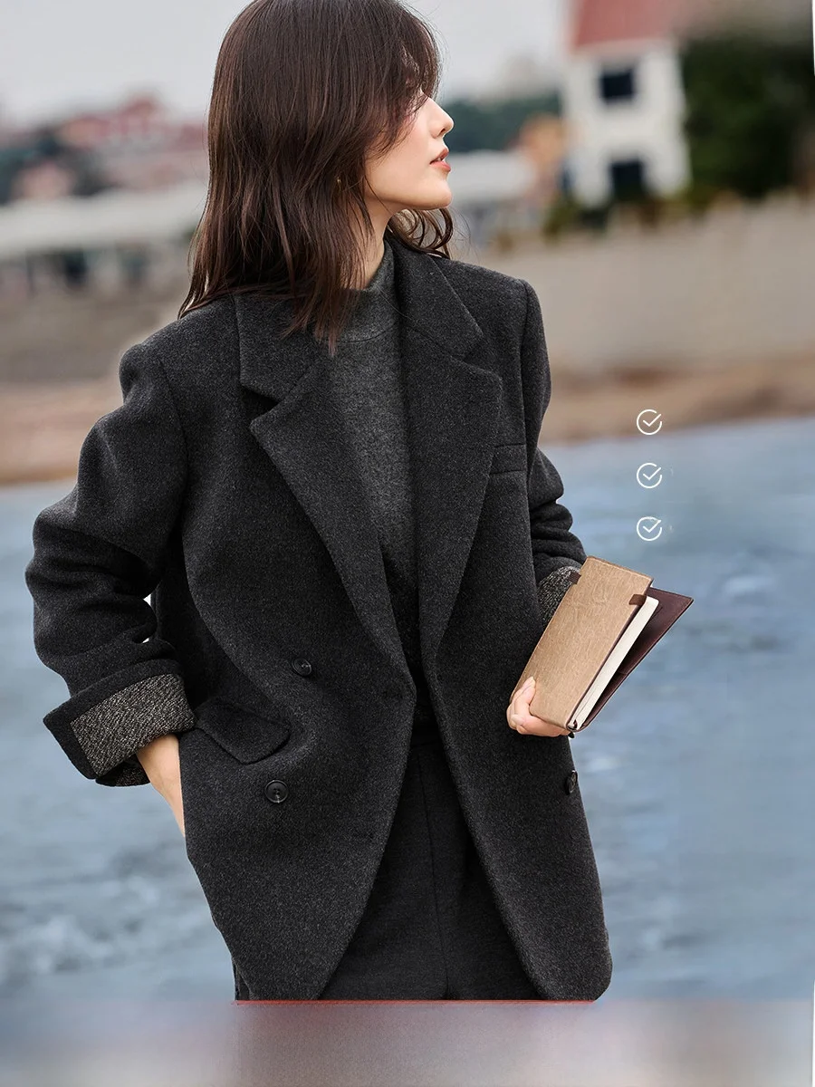 

XWI Ele Women's Woolen Suit Jaet with Oubao Velvet Cuffs Spliced Formal Top for Autumn Winter Thiened Long Sve