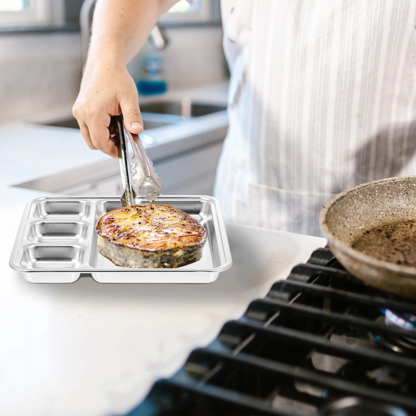 

Food Divided Plate Stainless Steel Seasoning Tray Dinner Plates Separator Metal Divider Child