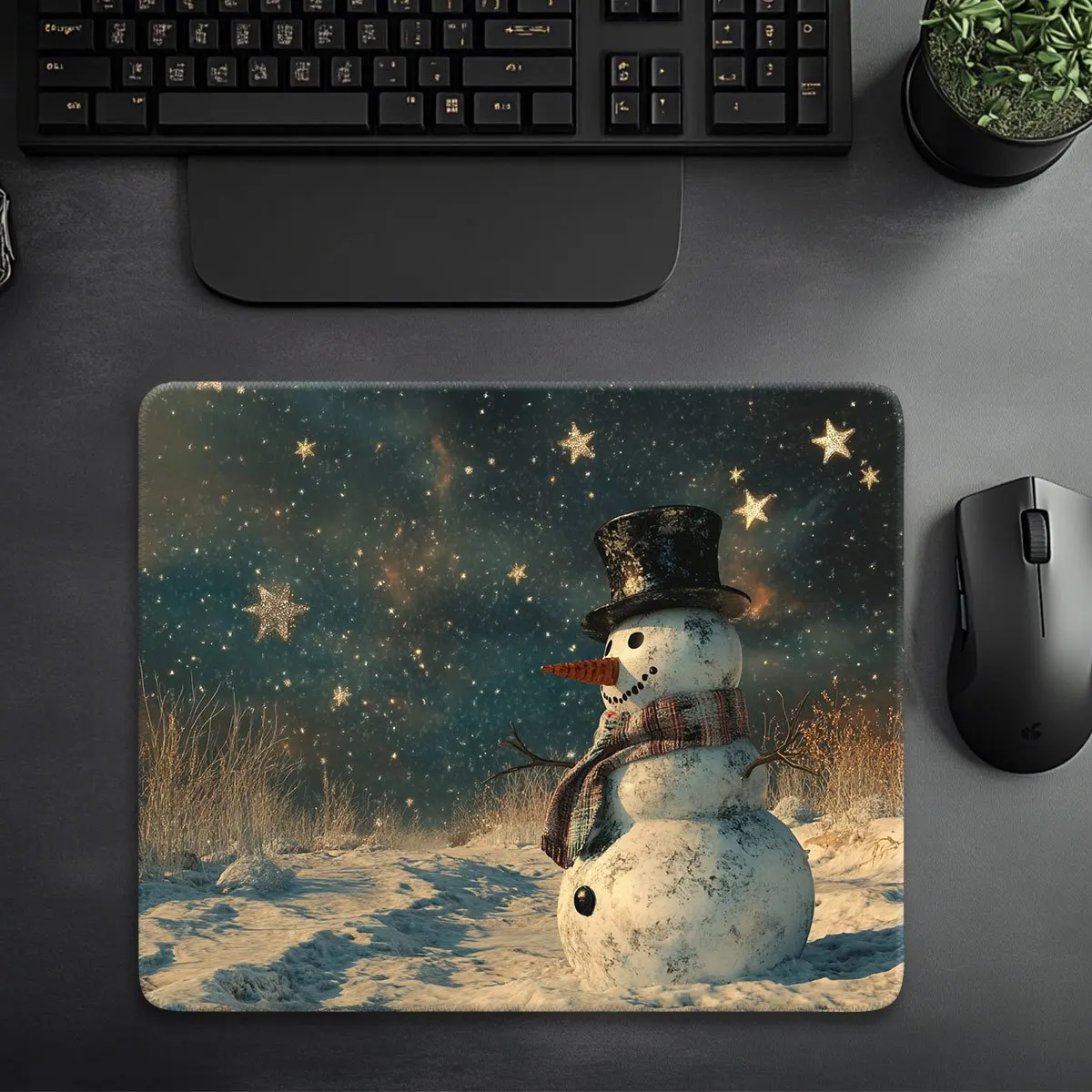 

Retro snowman mouse pad, top hat and scarf, stars falling in the sky, winter scene, washable anti-slip rubber office desk met