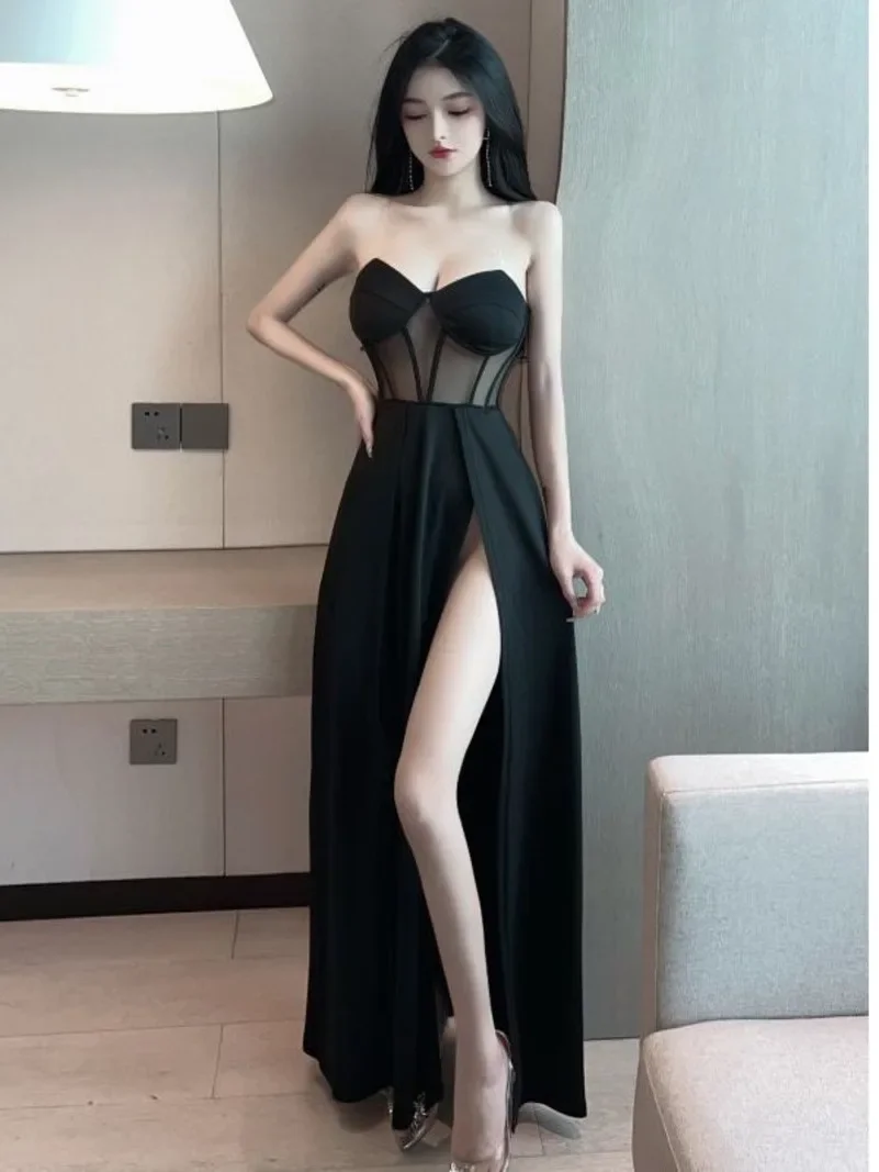 

2023 Summer Women's New Sexy temperament Off Shoulder Chest wrapping Fashion Gauze Transparent Split Long ceremonial dress