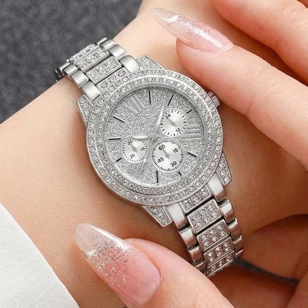 5Pcs/Set Unisex Jewelry Watches Women's Wristwatch Accessories Silver Trendy Fashion Elegant Classic Light Luxury Rhinestone Luxury Quartz Watch Set Y2K Suitable for Travel, Parties, Outings, Daily Outfits, Perfect Birthday and Holiday Gift