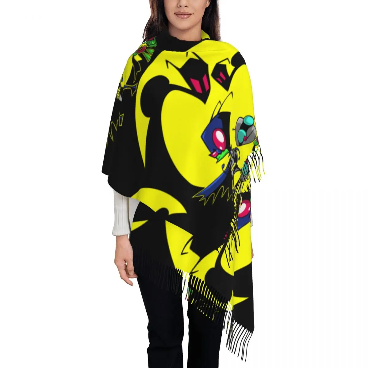 Dynamic Duo Shawl Wrap for Women Warm Long Soft Scarf Invader ZIM Alien Cartoon Neckerchief Tassel Scarves