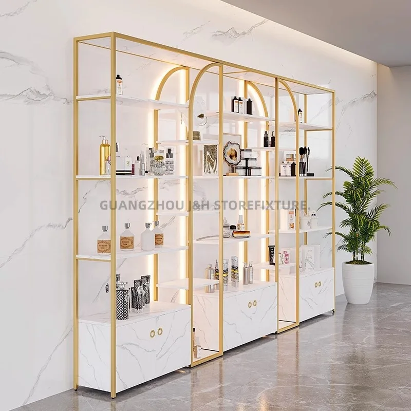 Customized. luxury golden cosmetic display showcase stainless steel Cosmetics makeup stand display retail cosmetic display shelv