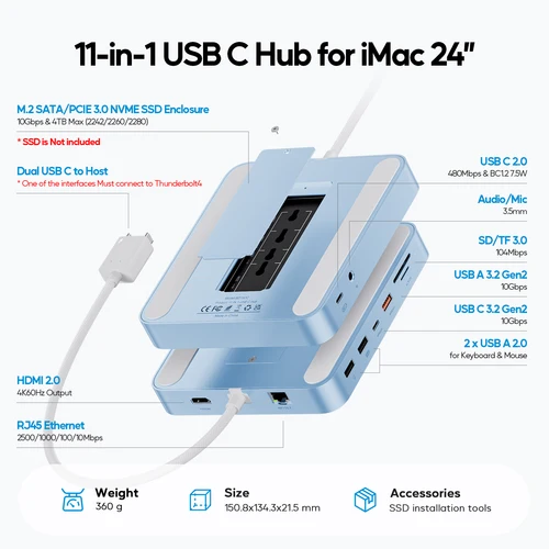 Imagen 2 del producto PULWTOP Hub USB C 11 en 1 actualizado para iMac Hub USB de 24 pulgadas M1 M3 M4, compatible con SSD M.2, 4K HDMI, Ethernet, USB A/C 10Gbps, SD/TF