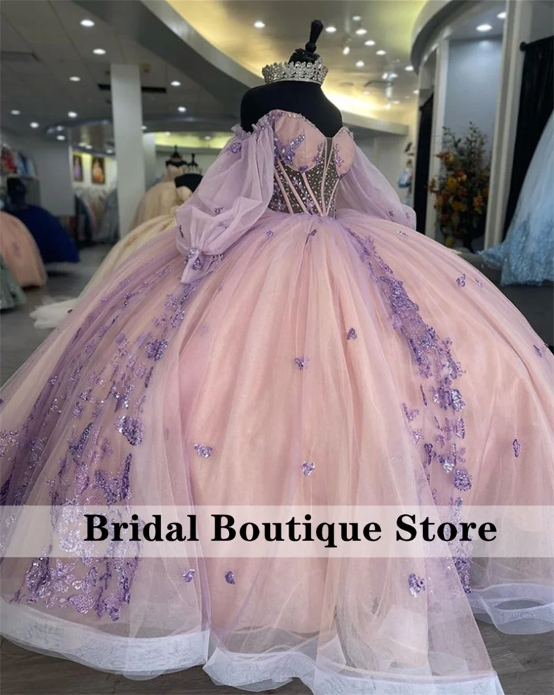 New Purple Princess Quinceanera Dress Ball Gown Beads Crystals Butterfly Appliques Pageant Sweet 15 Party Vestidos Customized