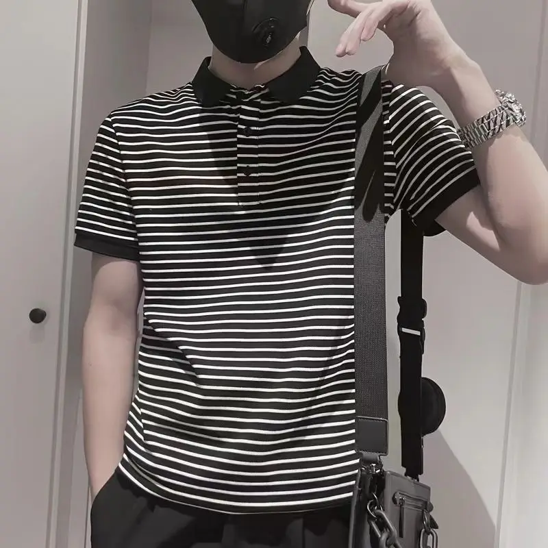 

Short-sleeved Polo Shirt Men's New Trendy Brand Striped Half-sleeved T-shirt Slim Lapel T-shirt
