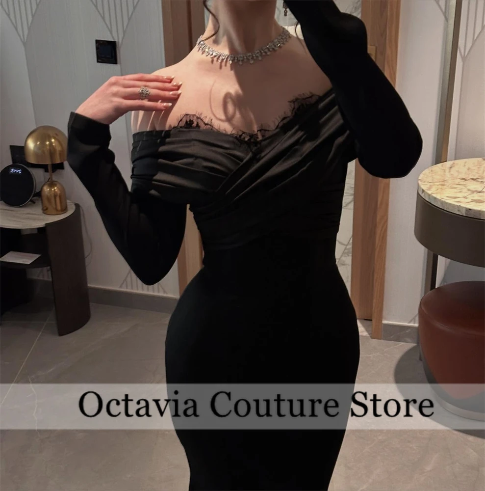 فساتين سهرة سوداء مكشوفة الكتف للنساء مطرزة بأكمام طويلة على شكل حرف A من الشيفون فستان رسمي طويل للحفلات حسب الطلب