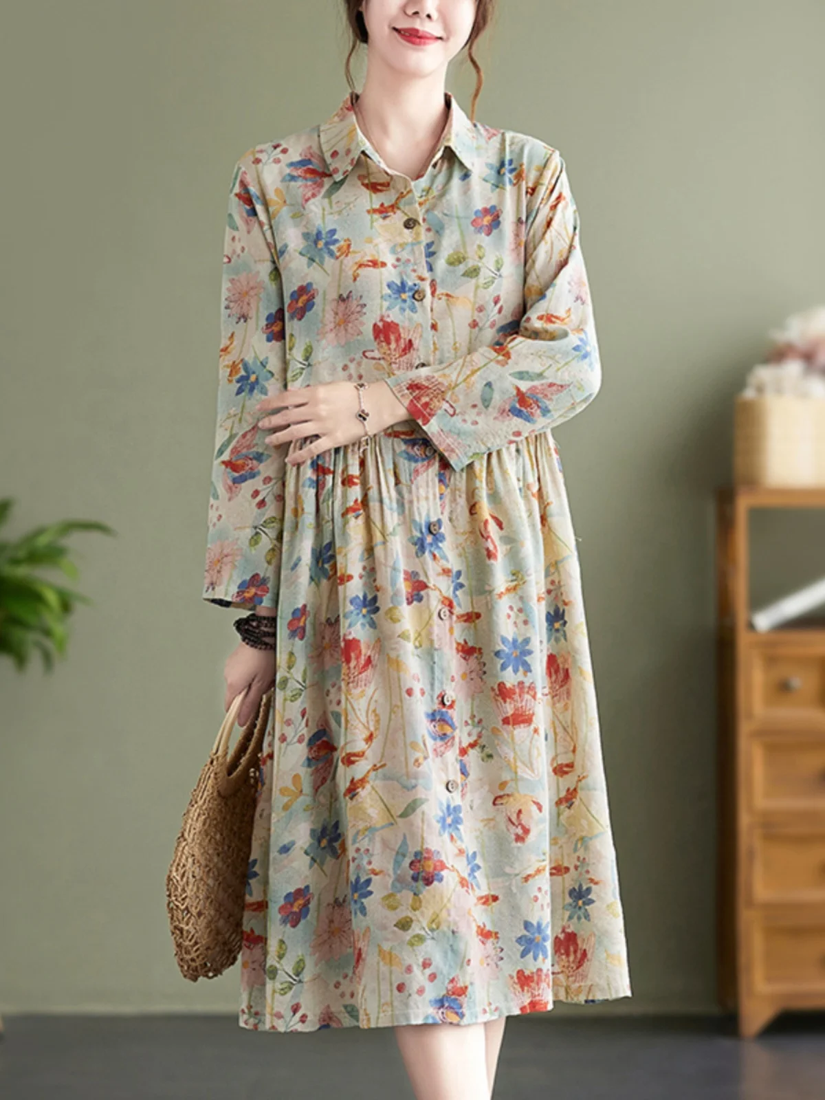 

Винтажное льняное платье миди с цветочным принтом, свободного кроя, с длинными рукавами, повседневное, комфортное, дышащее, для весеннего сезона, женское