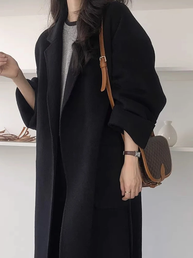 

Женское шерстяное пальто Ele осень-зима, длинное, с поясом на талии, воротником-стойкой и большими карманами, в корейском стиле, для повседневной носки