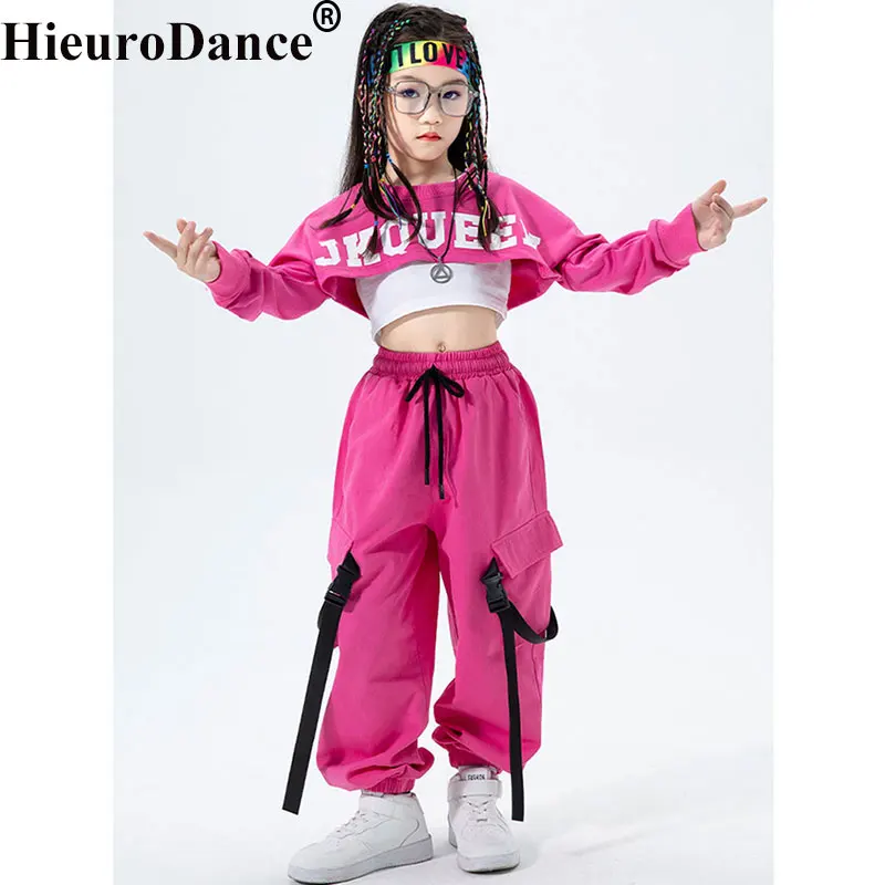 Criança hip hop traje kpop outfits para meninas moletom colheita superior camisa de manga longa tanque calças carga crianças roupas de dança rua