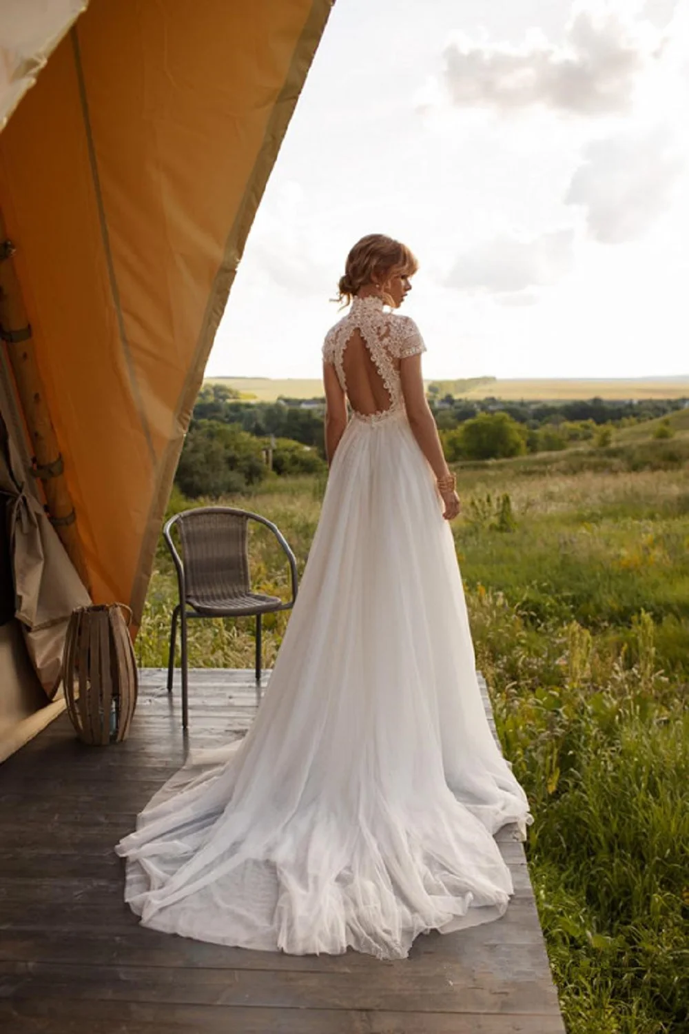 Vestido de noiva boêmio, gola alta, linha A, sem encosto, manga curta, vestido de noiva vintage, boho, elegante