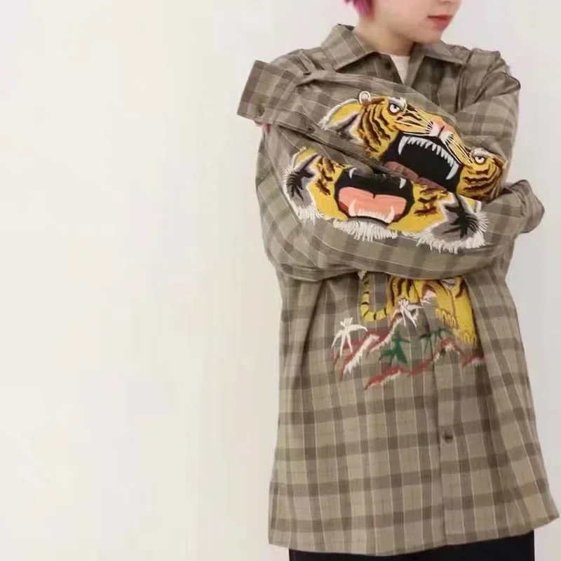 New DOUBLET Japanese Retro Washed Tiger Embroidery Men's and Women's Khaki Plaid Loose Casual Shirt Jacket