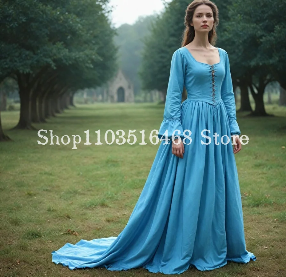 Women Reniassance Blue Medieval Evening Victorian Long Sleeve Fairy Princess Ren Faire Customised Opera Dresses فساتين سهره