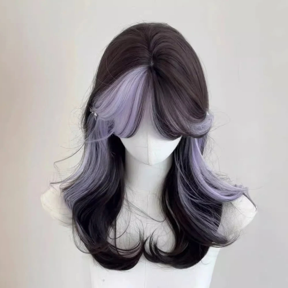 Synthetic Medium Long Ombre Black Purple Highlights Wig Wavy Fluffy Lolita Cosplay Heat Resistant Wig for Daily Party