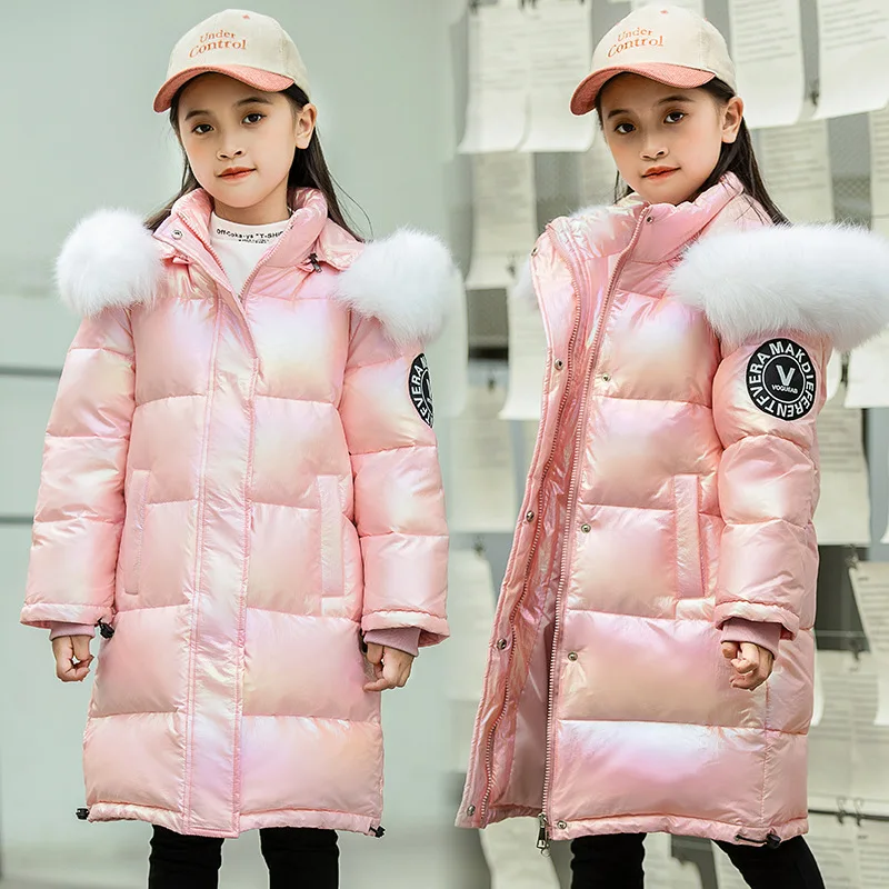 

Russian Winter Children Down Jackets Faux Fur Sticker Plus Velvet Little Girls Parkas Shinny Warm Thicken Junior Girls Outerwear
