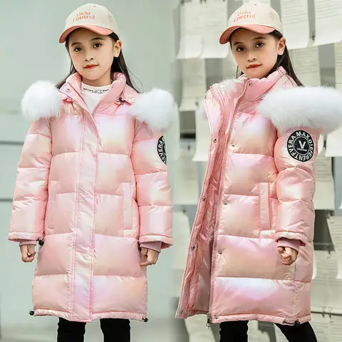 러시아 겨울 어린이 다운 재킷 가짜 모피 스티커 플러스 벨벳 어린 소녀 파카 Shinny Warm Thicken Junior Girls Outerwear