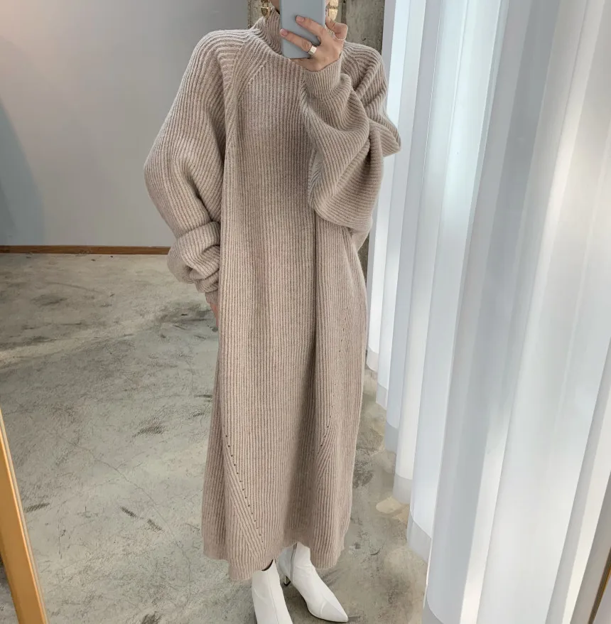 

Women's Loose Sweater Korean-style Slouchy Plus Size Raglan Sleeves Thickened Straight Knitted Dress