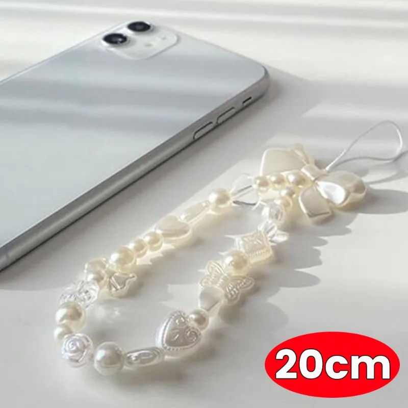 Butterfly Pearl Beaded Phone Charm Strap Hand Wrist Smartphone Lanyard for iPhone Samsung Telephone Keychain Bracelet Strap