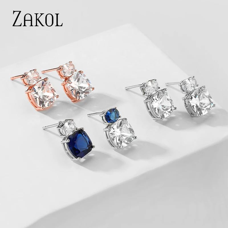 ZAKOL Trendy Simple Square Blue Cz Zirconia Crystal Stud Earrings for Women Fashion Bridal Wedding Accessories Jewelry EP2474