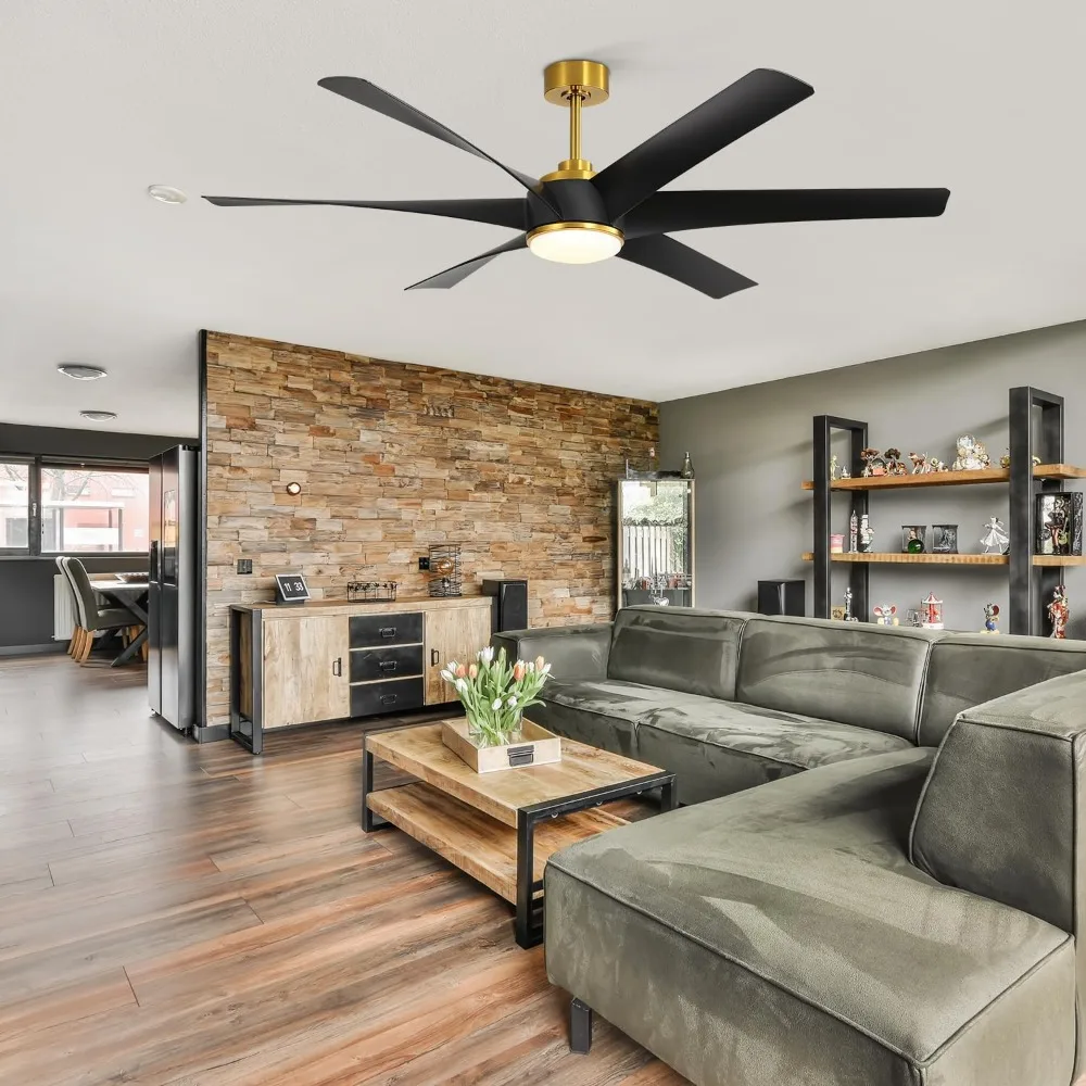مراوح سقف مع أضواء وجهاز تحكم عن بعد، مروحة سقف باللونين الأسود والذهبي مقاس 65 بوصة مع 6 شفرات، محرك تيار مستمر قابل للعكس، 3 ألوان لدرجة حرارة، #2
