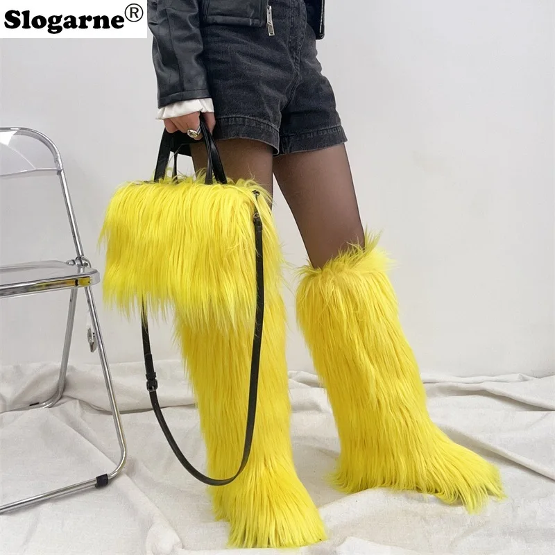 

New Designer Fluffy Plush Shoulder Bag Warm Faux Mongolian Fur Handbags for Women Brands Large Hobo Shopper Heart Shaped Purses