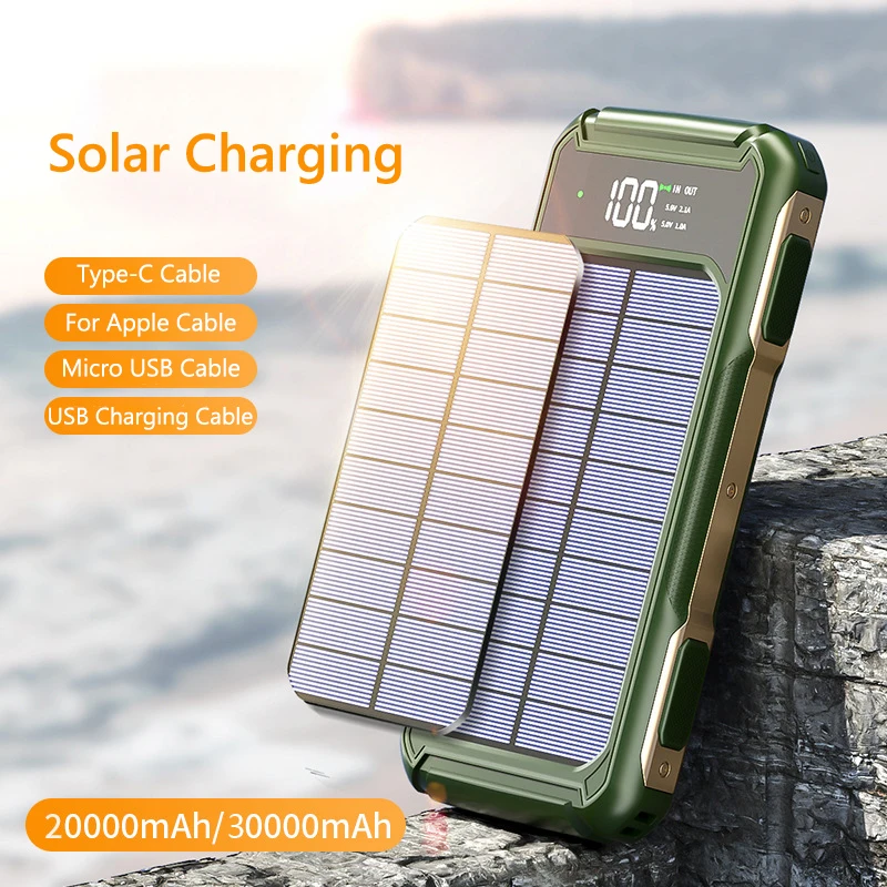 

30000mAh Solar Power Bank Built in Cable Portable External Battery Pack for iPhone 14 Samsung S23 Fold Huawei Xiaomi Powerbank