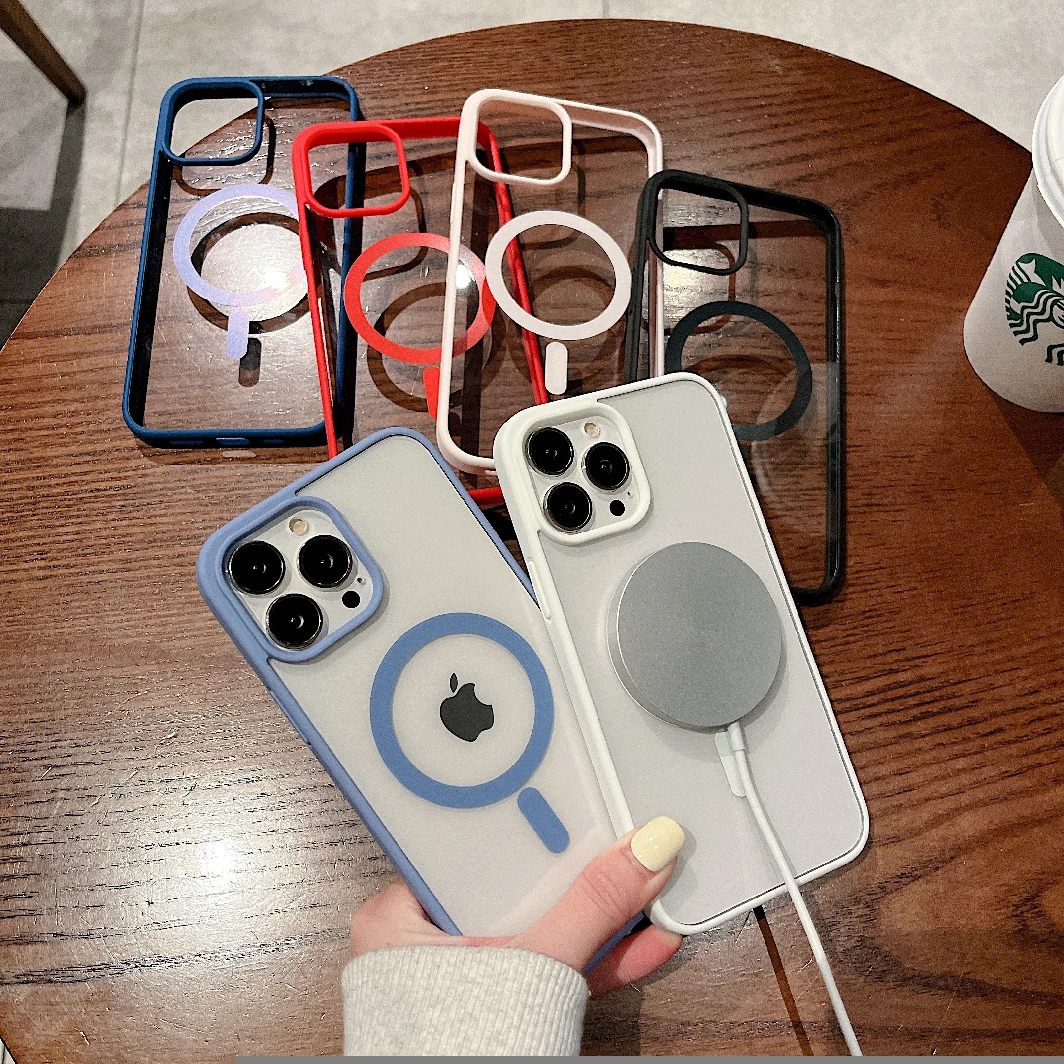 Colorful Transparent For Magsafe Magnetic Wireless Charging Case for iPhone 15 14 13 12 11 Pro Max Mini XS XR Hard Acrylic Cover - náhled 6