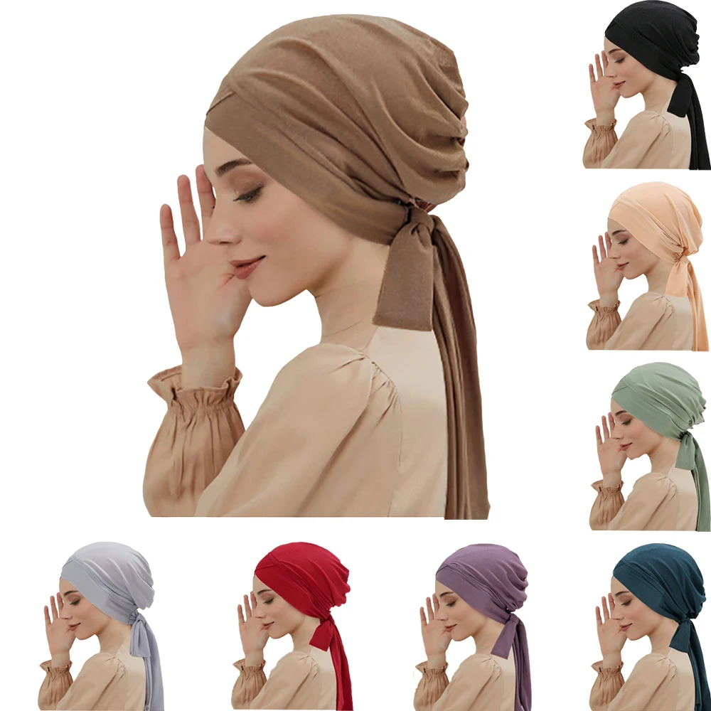 

Pre-Tied Muslim Women Hijab Bonnet Pleated Forhead Cross Turban Chemo Cap Underscarf Hair Loss Hat Islamic Cancer Headwear Scarf