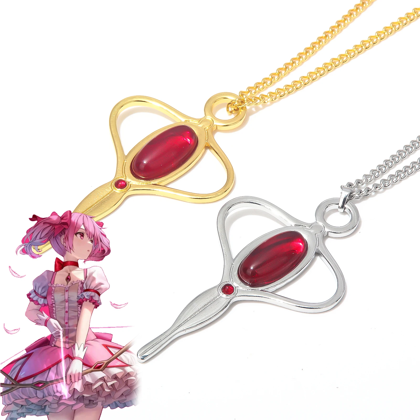 Anime Pink Girl Magic Pendant Necklace Sakura Kyouko Kaname Gemstone Necklace Cosplay Props Fans Gift Women Jewelry Accessories