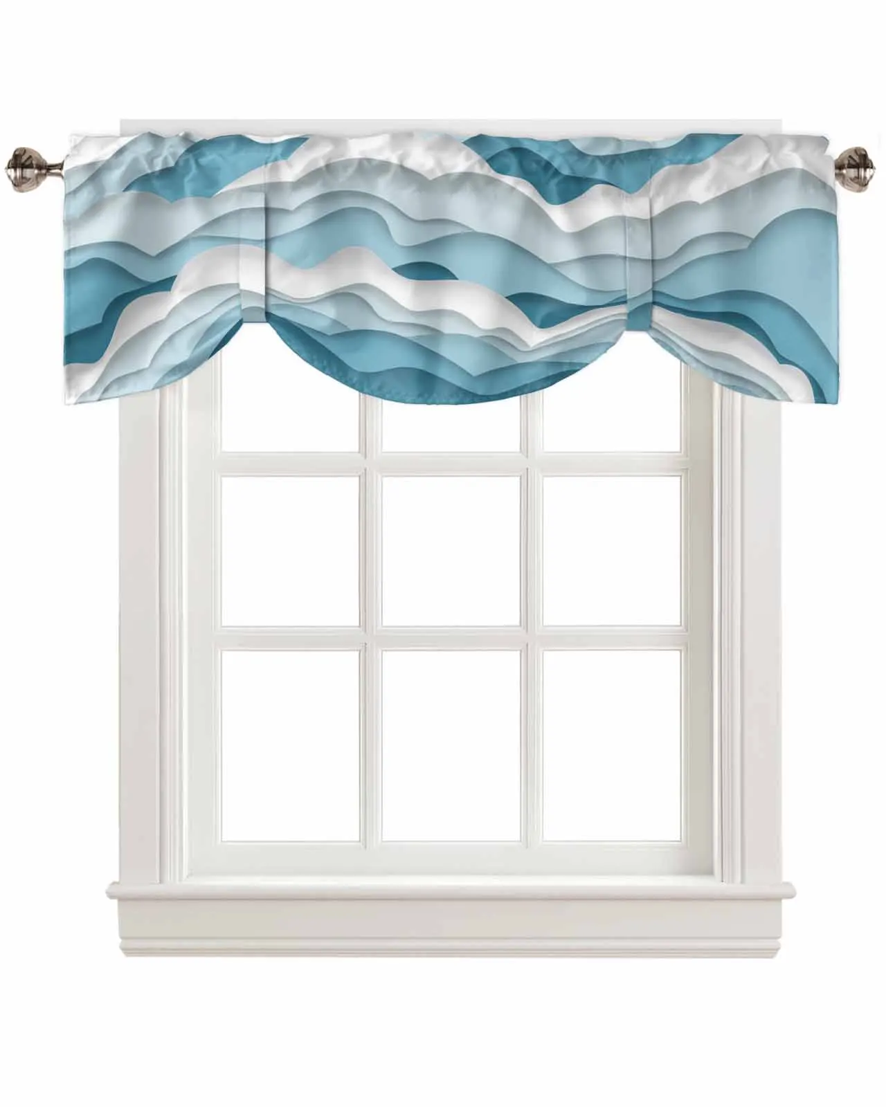 Ocean Waves Spray Blue Gradient Short Window Curtain Adjustable Tie Up Valance for Living Room Kitchen Window Drapes