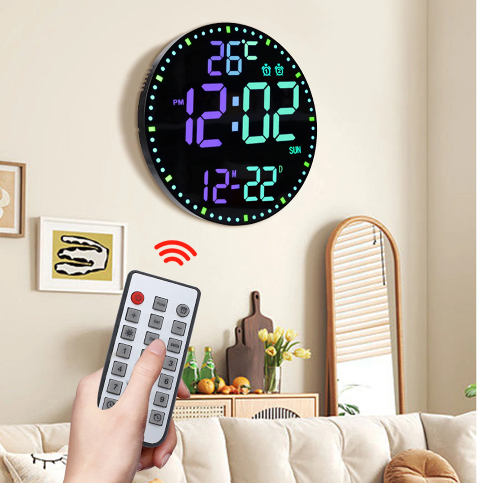 

RGB Round LED Wall Clock Digital Temperature Date Display Silent Clock Living Room Bedroom Wall Decor with Remote Control