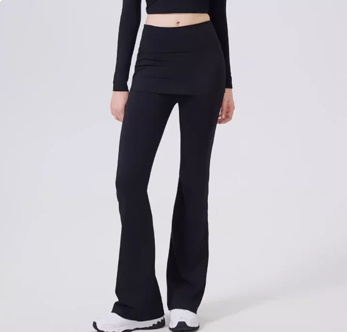 Fake two high waisted slightly flared pants with hip covering skirt for women's running, dance training, Pilates sports pants
