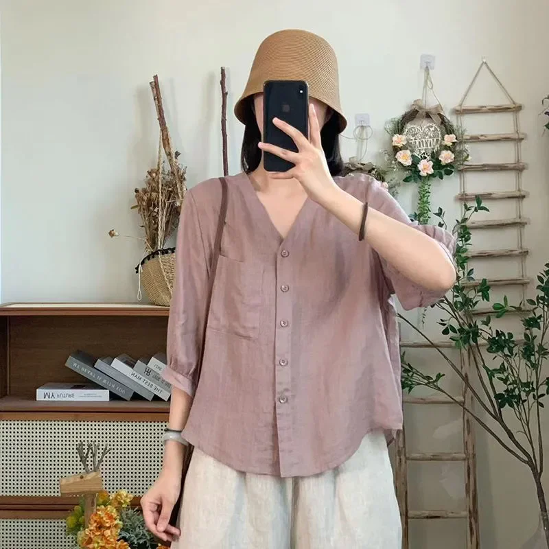 

Plus Size V-Neck Fashionable and Elegant Shirt Women's Summer Loose 7/8 Sleeve Solid Color Top