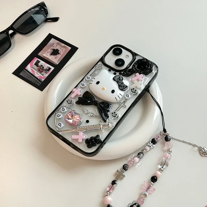 Kawaii bonito 3d sanrio y2k olá kitty caso de telefone transparente para iphone 16 15 14 13 12 11 pro max capa à prova de choque com cordão