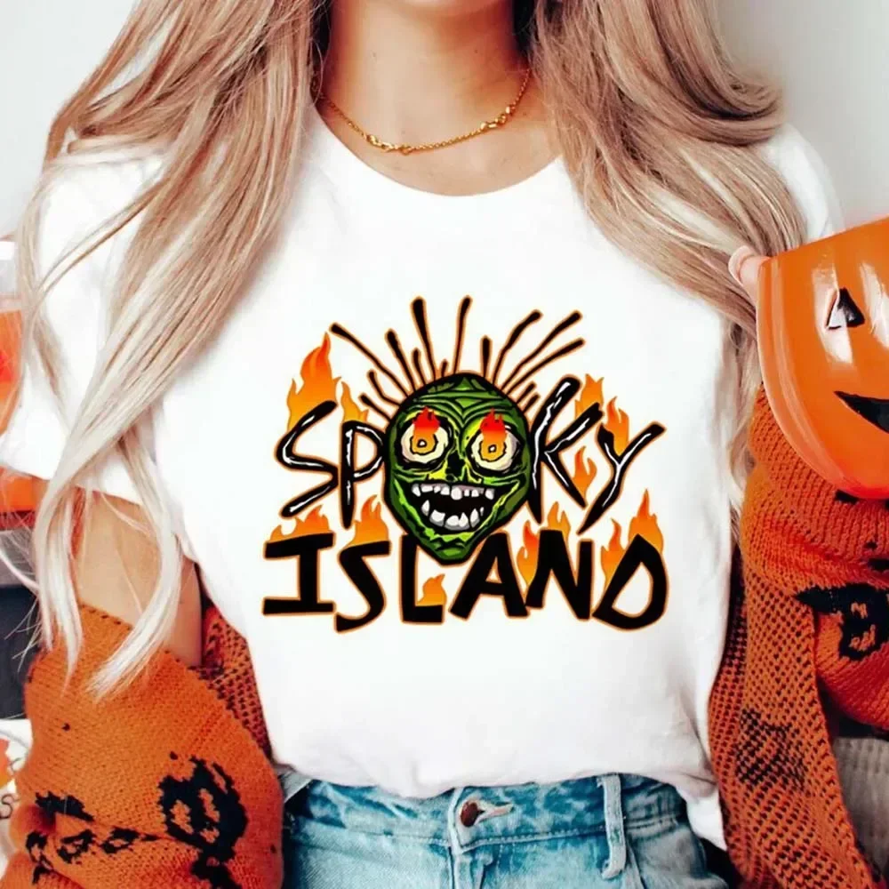 Halloween New Spooky Island Printed Clothing Summer Cartoon Pattern O-Neck Street Versatile Trendy Plus Size Printed T-Shirt.