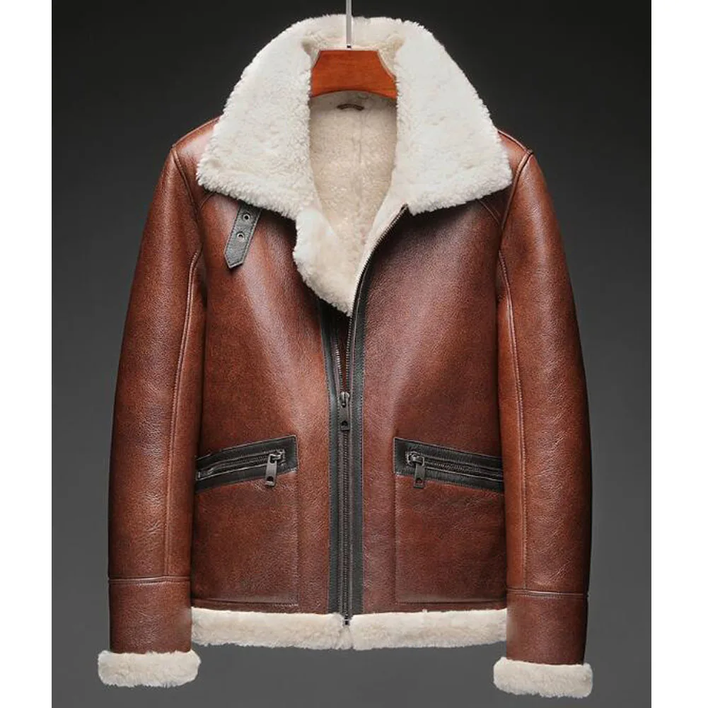 Denny&Dora Mens Winter Shearling Jacket Genuine Sheepskin Bomber Jacket Brown Shearling Jacket Men