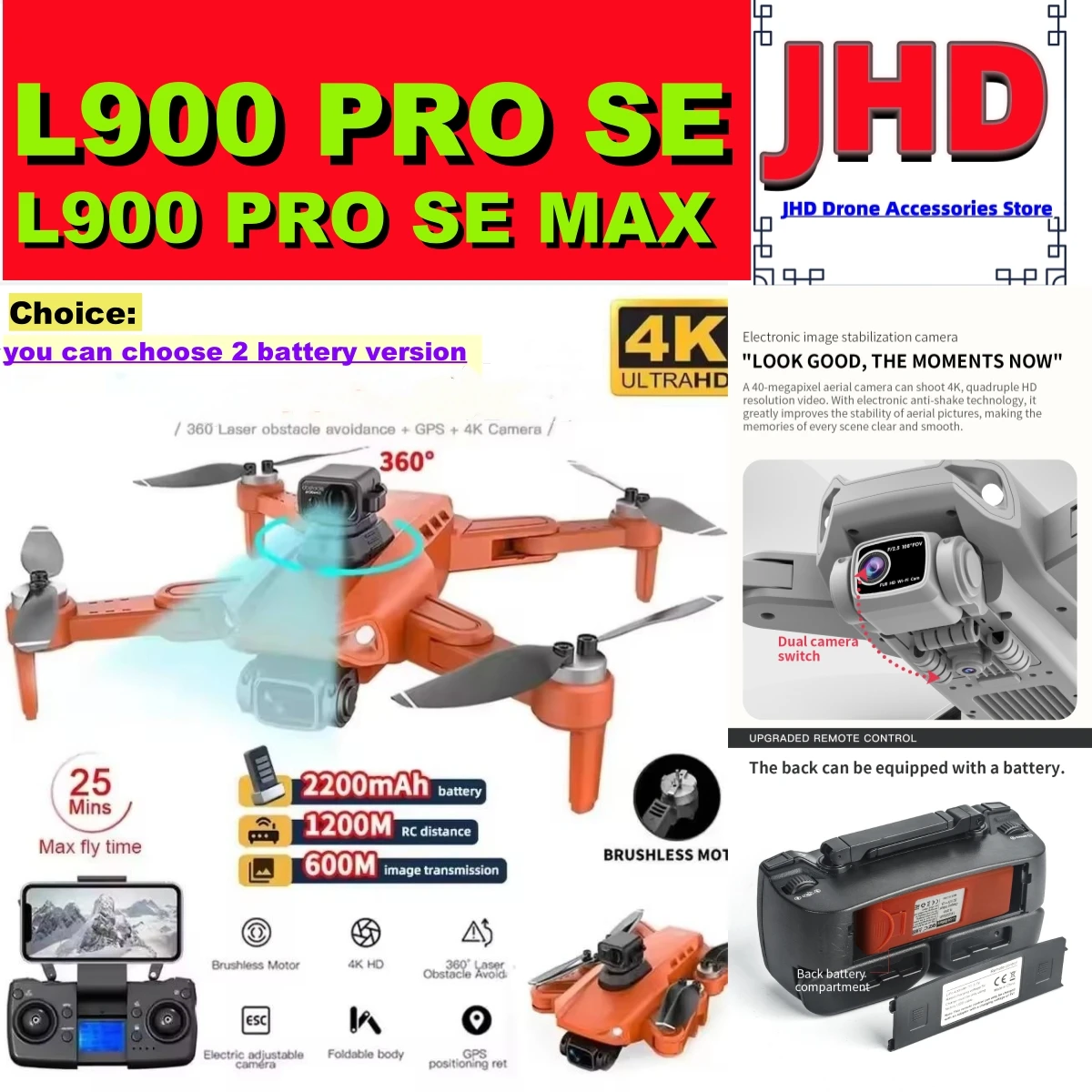 JHD L900 Pro SE MAX GPS Drone 4K Professional Dual HD Camera 5G WIFI 360° Obstacle Avoidance Brushless LYZRC L900 Se Max Drone