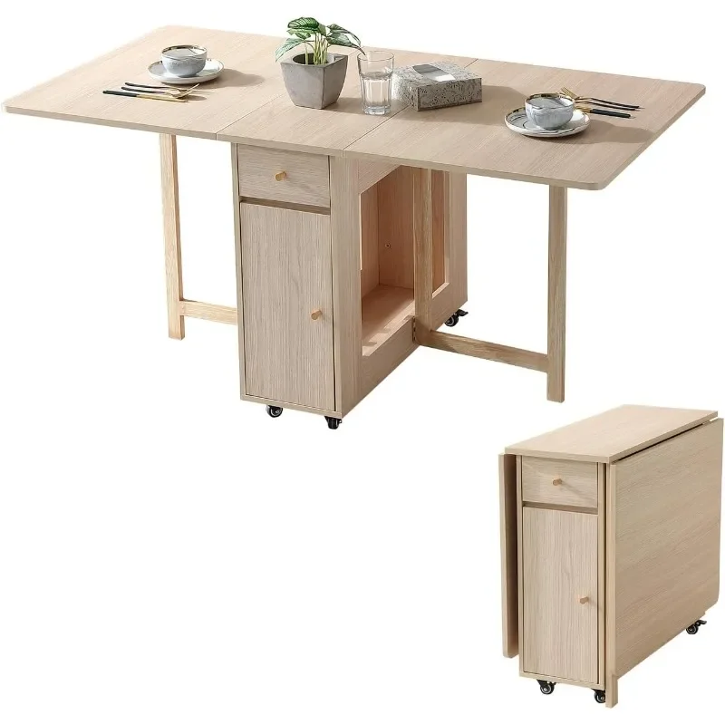 Extensível Drop Leaf Folding Mesa De Jantar, Farmhouse Space Saving Table, Cor De Madeira, com 2 Gavetas e 4 Rodas