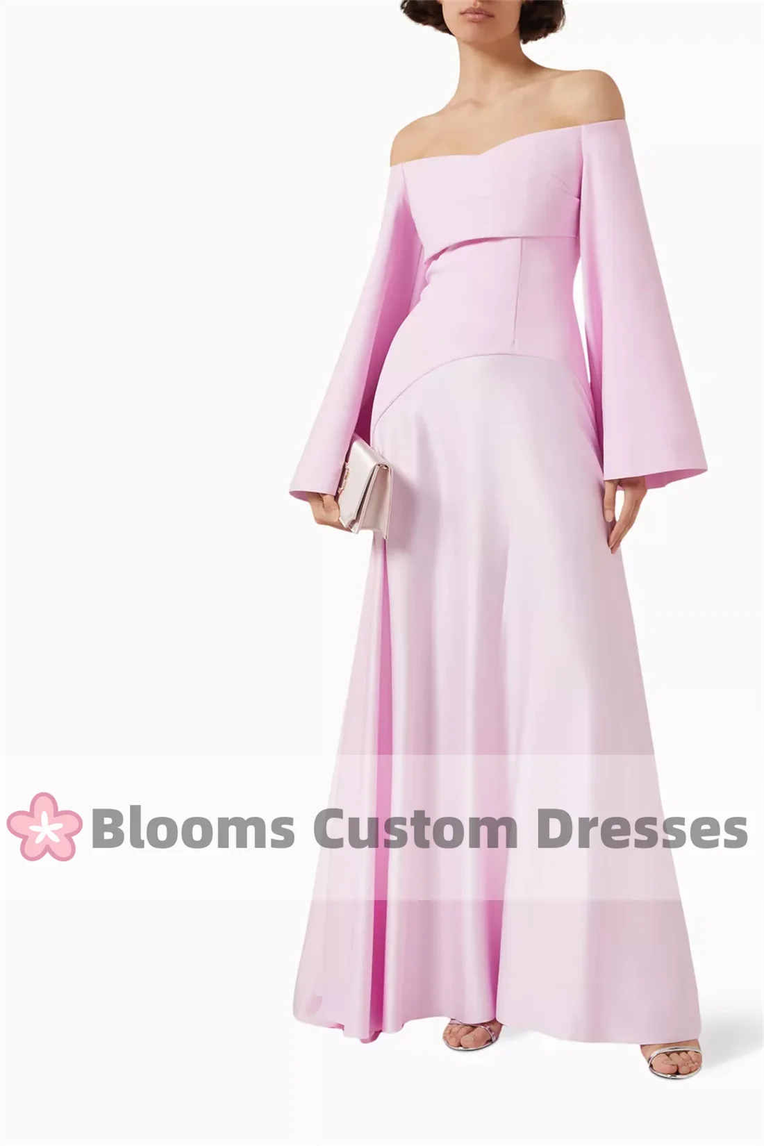 Blooms Customized Prom Dresses Off Shoulder Pink Evening Dress For Women Long Sleeves Saudi Arabia Formal Wedding Party Dress