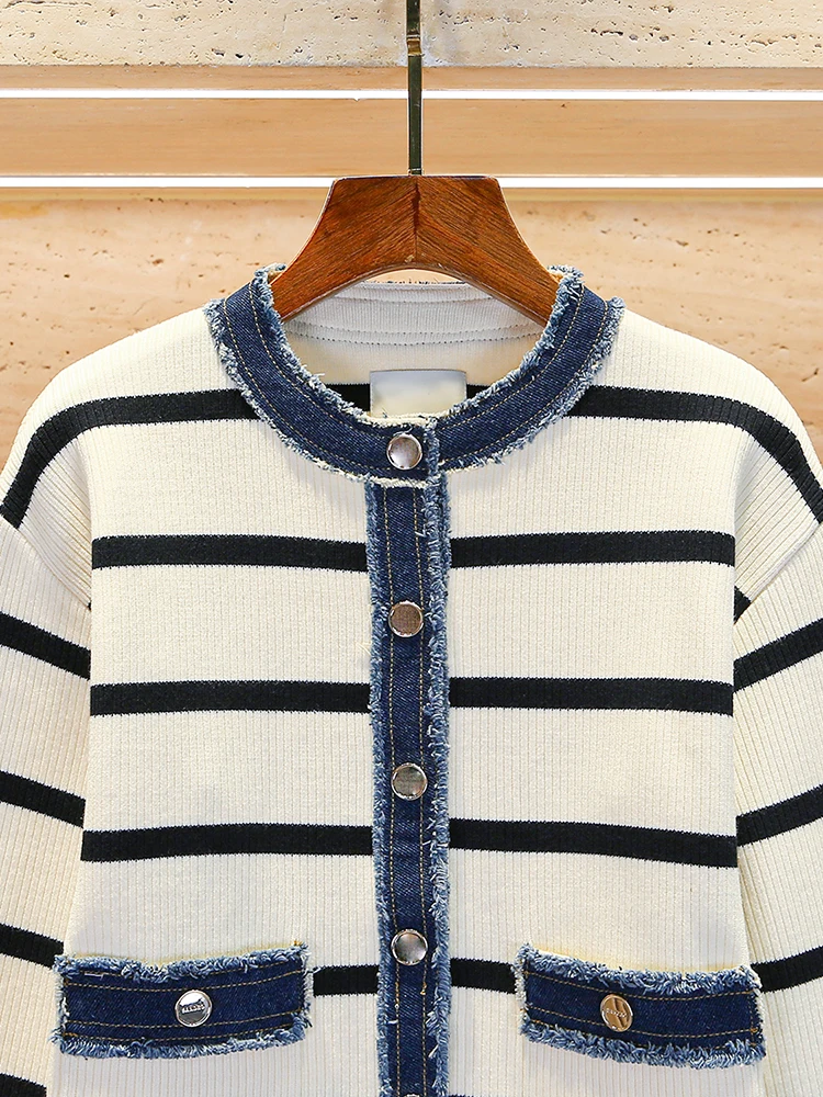 

Sandro Sivos Premium Women's Knitted Denim Stripe Cardigan Spring 2025 Commute Sle Regular Fit Long Sve Button up ort ...