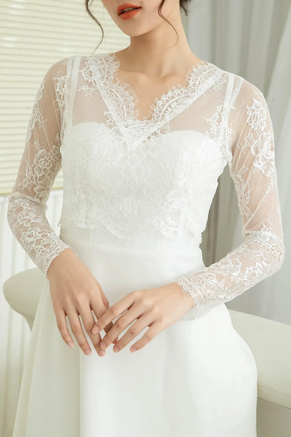 Customized V Neck French Chantilly Lace Bridal Topper with Long Sleeves Wedding Dress Overlay Button Back Bridal Bolero