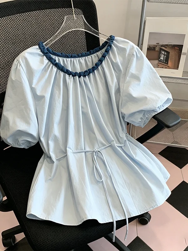 

Summer Color Block Knitted Ruffle Hem round Neck Short Sleeve Shirt plus Size Waist Cinching Top for Plump Women