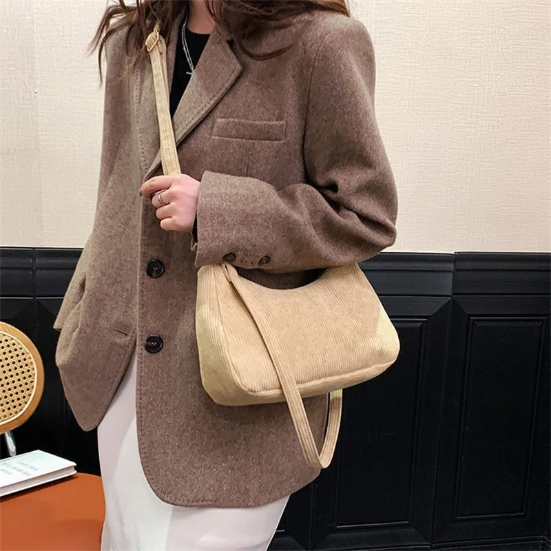 Solid Color Corduroy Women Shoulder Bag Luxury Designer Handbag Korean Casual Crossbody Bags Zipper Messenger Underarm Tote Bag