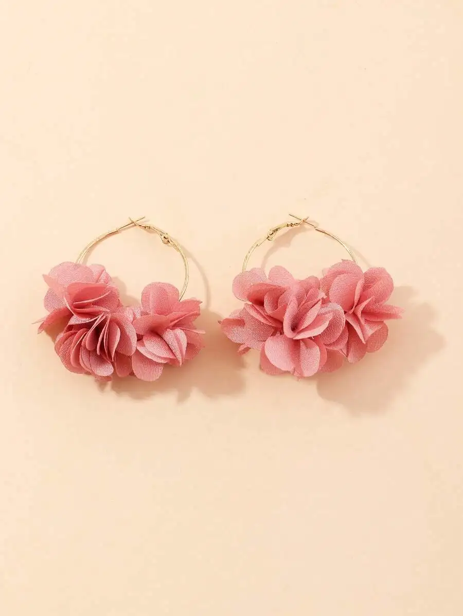 

Soft Pink Sheer Fabric Flower Cluster Hoop Earrings For Women – Elegant Party Accessory Gift For Mom, Valentine’s Day, Mother’s