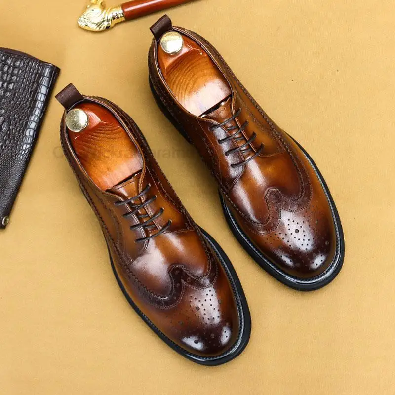 HKDQ Brogue Oxfords Leather Men Shoes Genuine Leather Fashion Derby Shoes Round Head Formal Business Male Wedding Dress Shoes