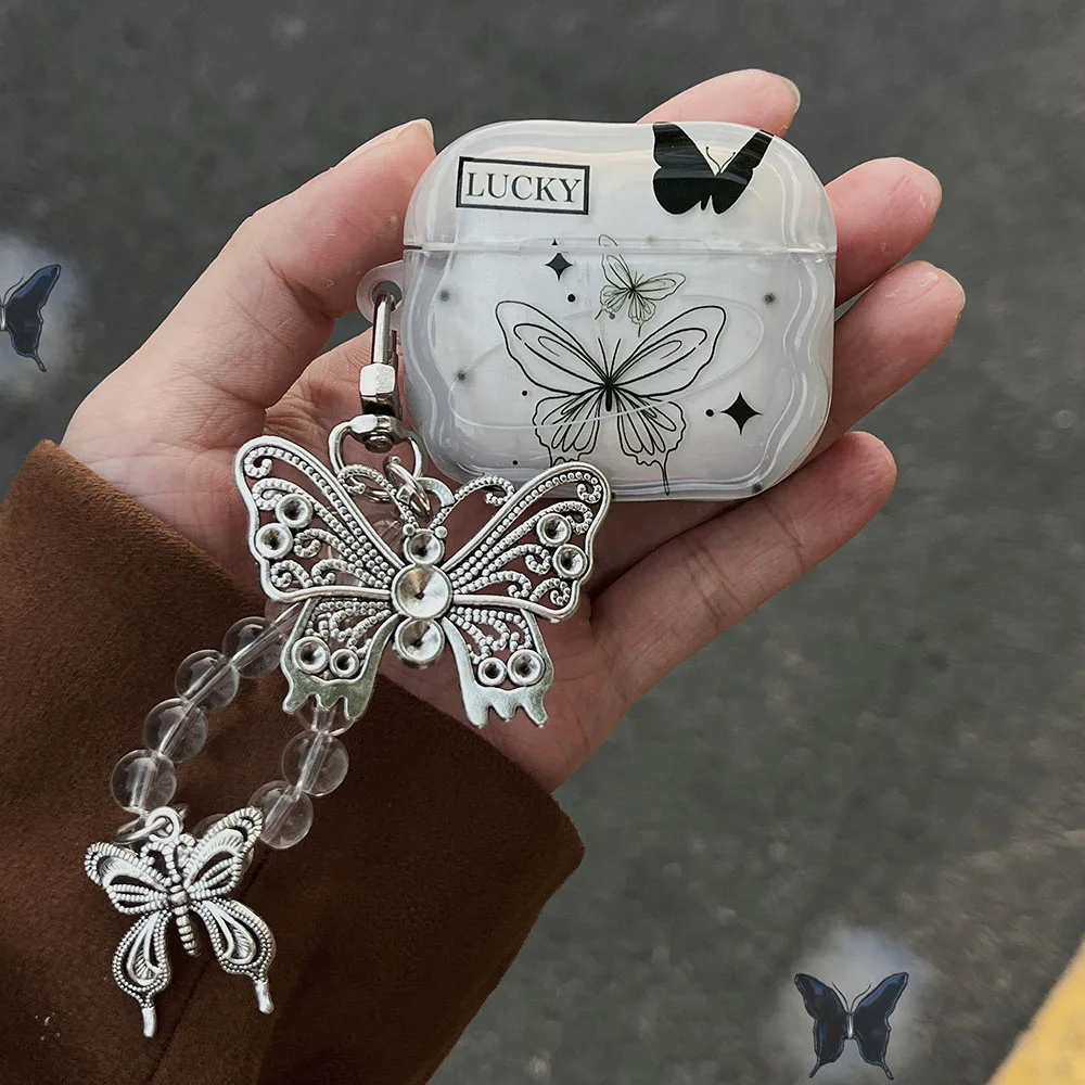 Llavero colgante de mariposa de Metal chapado en negro INS para Apple Airpods Pro 2 1 3 funda de lujo con borde trenzado transparente