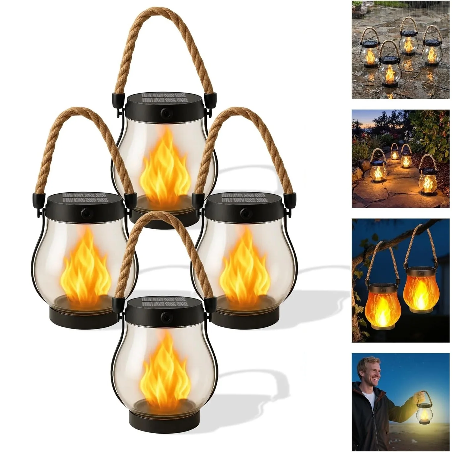 

Solar Lantern Outdoor Light Waterproof, Dancing Flame Solar Christmas Lights, Hemp Rope Hanging Flame Lamp for Garden Yard Decor