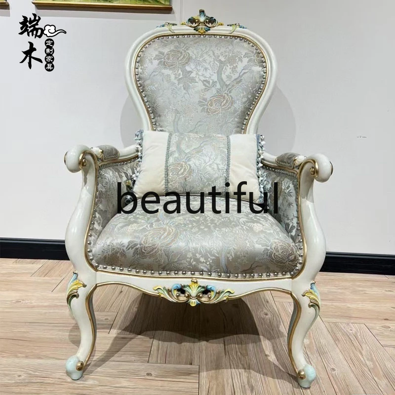 

French retro solid wood sofa chair fabric carving living room balcony high back negotiation leisure sofa armchair customization